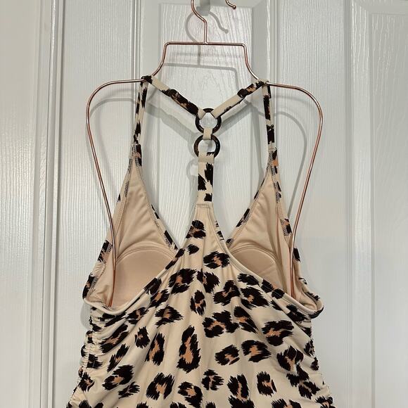 Kona Sol Leopard Print One Piece Swimsuit V-Neck Y-Back Rings Medium - Picture 6 of 13